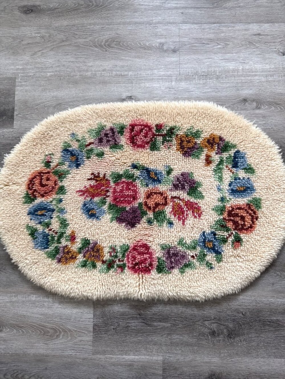 Midcentury Vintage Floral Hand Latch Hooked Oval Area Rug